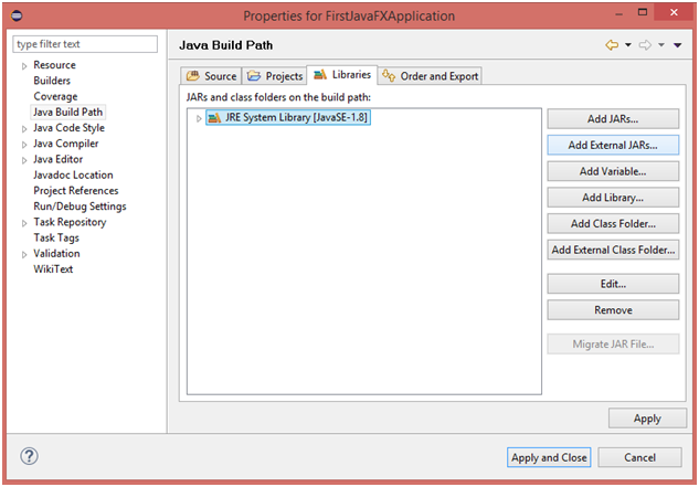 JavaFX with Eclipse Java Build Path Add Library
