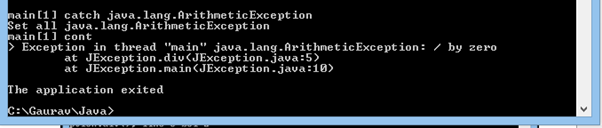 JDB Exception Handling java.lang.ArithmeticException